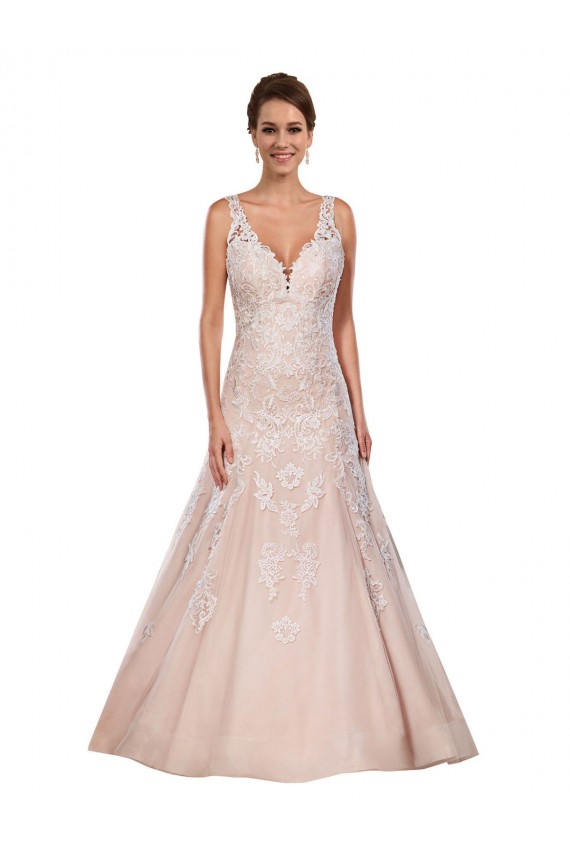Compre Marfil & Champán línea A Cuello en V Cola capilla Encaje Clásico Vestidos de novia