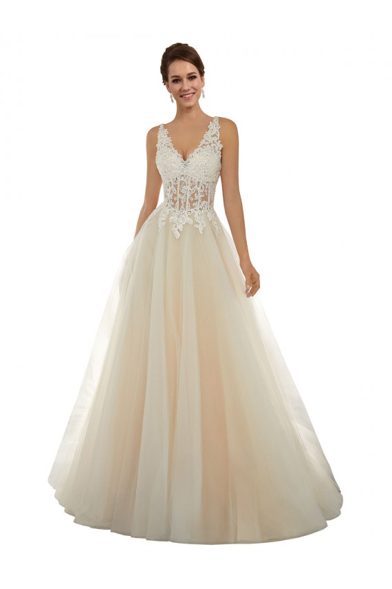 Compre Marfil & Champán línea A Cuello en V Cola capilla Tul Encaje Clásico Vestidos de novia