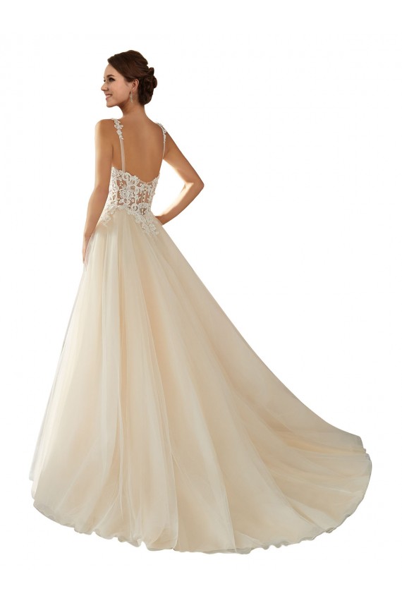 Compre Marfil & Champán línea A Cuello en V Cola capilla Tul Encaje Clásico Vestidos de novia