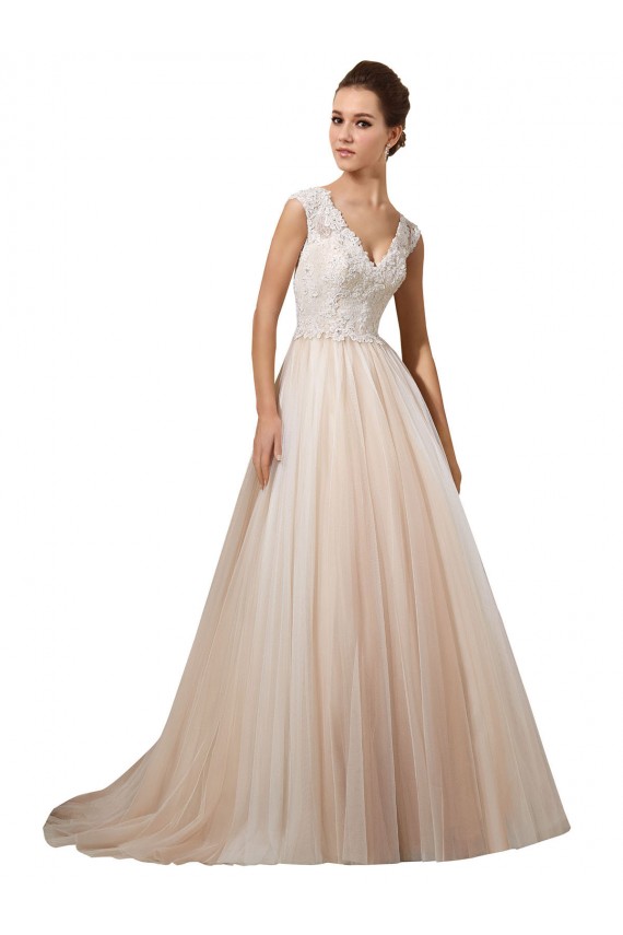 Compre Marfil & Champán línea A Cuello en V Cola capilla Tul Encaje Vestidos de novia