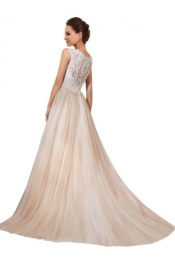 Compre Marfil & Champán línea A Cuello en V Cola capilla Tul Encaje Vestidos de novia