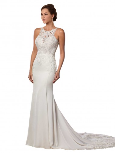 Compre Marfil Cubierta Cuello Alto Cola capilla Encaje Vestidos de novia