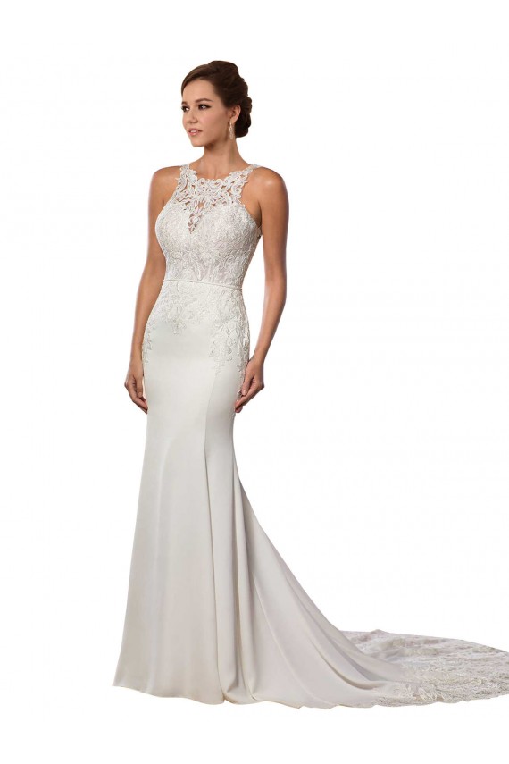 Compre Marfil Cubierta Cuello Alto Cola capilla Encaje Vestidos de novia