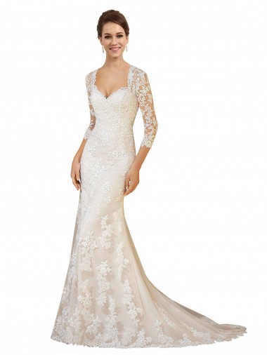 Compre Marfil Cubierta Cuello de Corazón Cola capilla Encaje Vestidos de novia