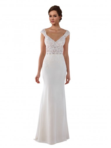 Compre Marfil Cubierta Cuello en V Cola capilla Encaje Crepé Elástico Vestidos de novia