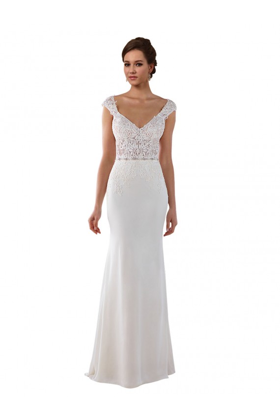 Compre Marfil Cubierta Cuello en V Cola capilla Encaje Crepé Elástico Vestidos de novia