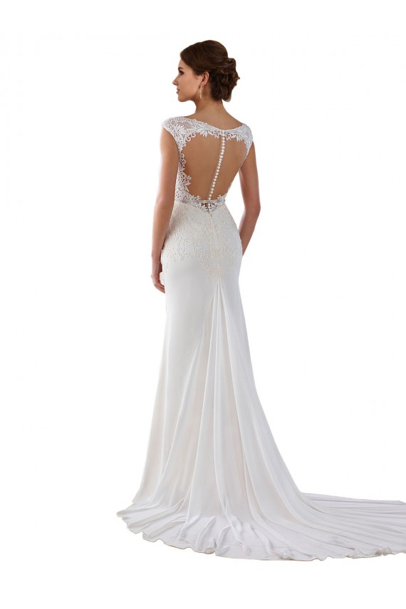 Compre Marfil Cubierta Cuello en V Cola capilla Encaje Crepé Elástico Vestidos de novia