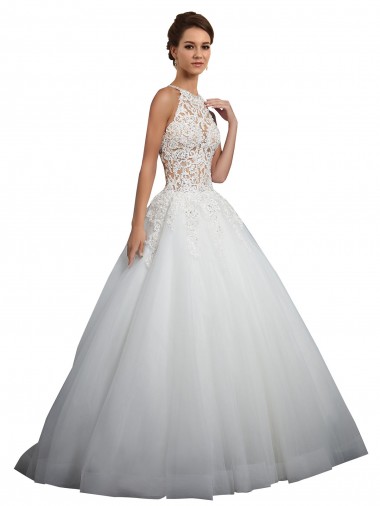 Compre Marfil Cuello Alto Cola capilla Tul Encaje Vestidos de novia