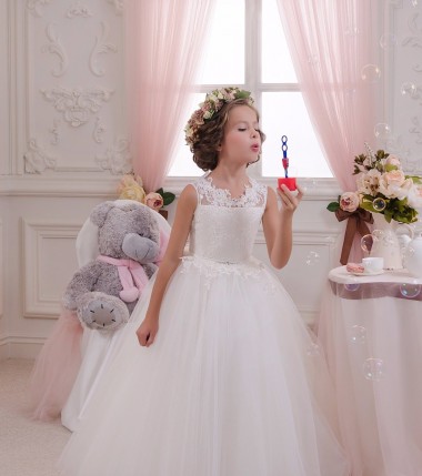 Compre Marfil Cuello Alto Tul Encaje Largo vestidos de niña de las flores