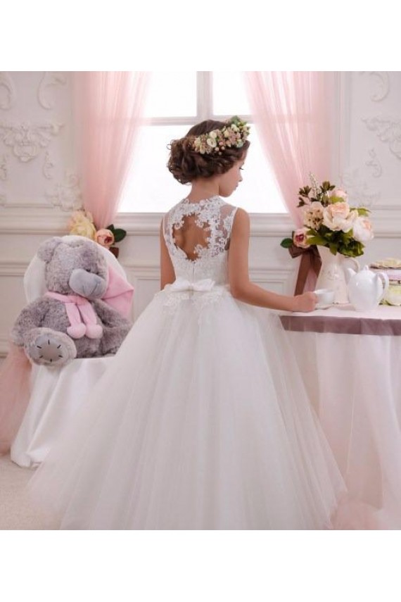 Compre Marfil Cuello Alto Tul Encaje Largo vestidos de niña de las flores