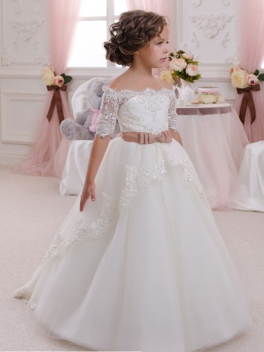 Compre Marfil Cuello Alto Tul Encaje Largo vestidos de niña de las flores