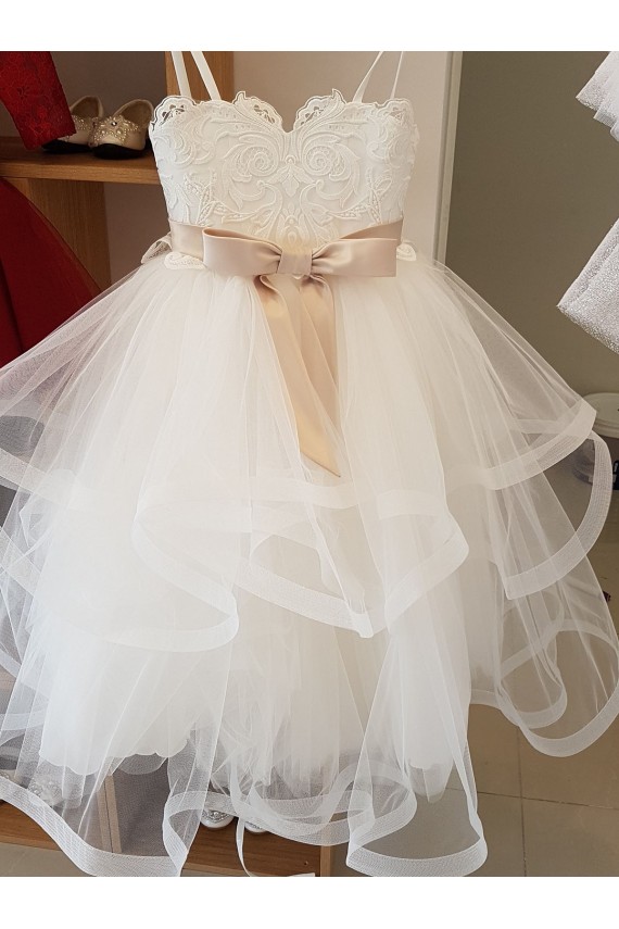 Compre Marfil Cuello Alto Tul Encaje Largo vestidos de niña de las flores