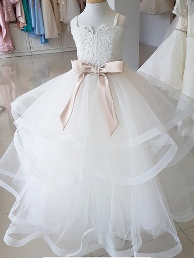 Compre Marfil Cuello Alto Tul Encaje Largo vestidos de niña de las flores