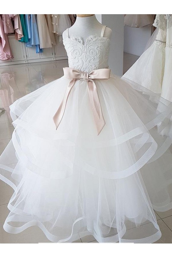 Compre Marfil Cuello Alto Tul Encaje Largo vestidos de niña de las flores