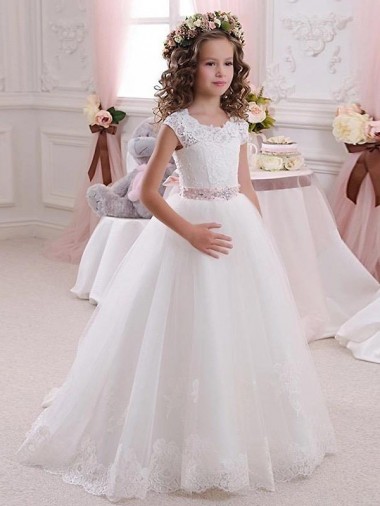 Compre Marfil Cuello Alto Tul Encaje Largo vestidos de niña de las flores