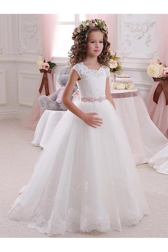 Compre Marfil Cuello Alto Tul Encaje Largo vestidos de niña de las flores