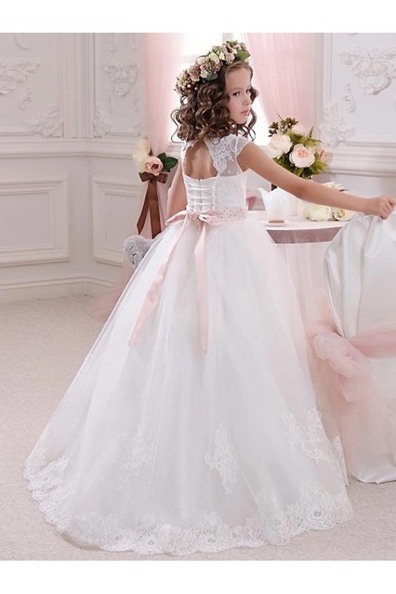 Compre Marfil Cuello Alto Tul Encaje Largo vestidos de niña de las flores