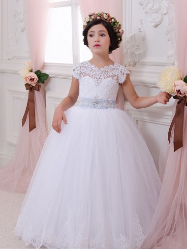Compre Marfil Cuello de Corazón Cola capilla Tul Encaje Largo vestidos de niña de las flores