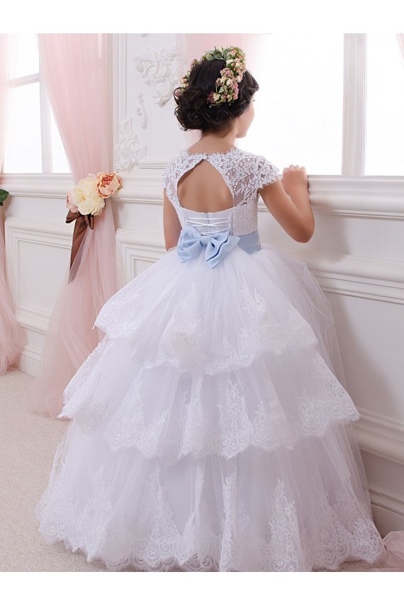 Compre Marfil Cuello de Corazón Cola capilla Tul Encaje Largo vestidos de niña de las flores