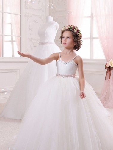 Compre Marfil Cuello de Corazón Cola capilla Tul Largo vestidos de niña de las flores