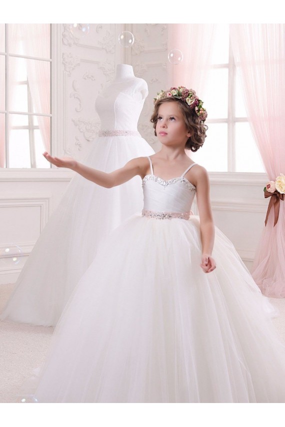 Compre Marfil Cuello de Corazón Cola capilla Tul Largo vestidos de niña de las flores