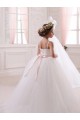 Compre Marfil Cuello de Corazón Cola capilla Tul Largo vestidos de niña de las flores