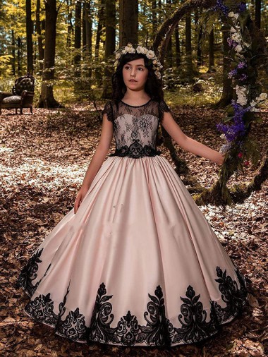 Compre Marfil Cuello de Corazón Satén Encaje Largo vestidos de niña de las flores