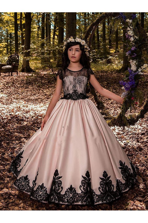 Compre Marfil Cuello de Corazón Satén Encaje Largo vestidos de niña de las flores