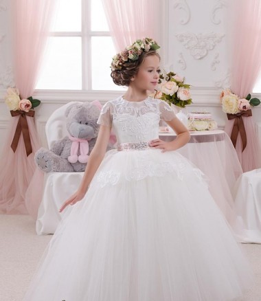 Compre Marfil Cuello de Corazón Tul Encaje Largo vestidos de niña de las flores