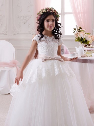 Compre Marfil Cuello de Corazón Tul Encaje Largo vestidos de niña de las flores