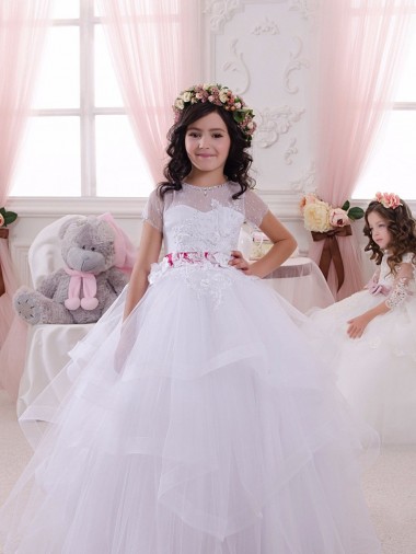 Compre Marfil Cuello de Corazón Tul Encaje Largo vestidos de niña de las flores