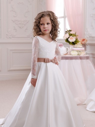 Compre Marfil Cuello en V Cola capilla Satén Encaje Largo vestidos de niña de las flores