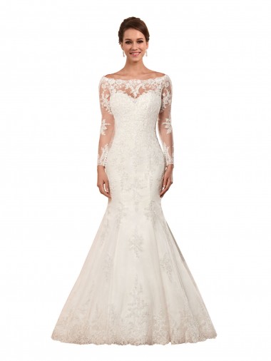 Compre Marfil Sirena Barco Cola capilla Encaje Vestidos de novia