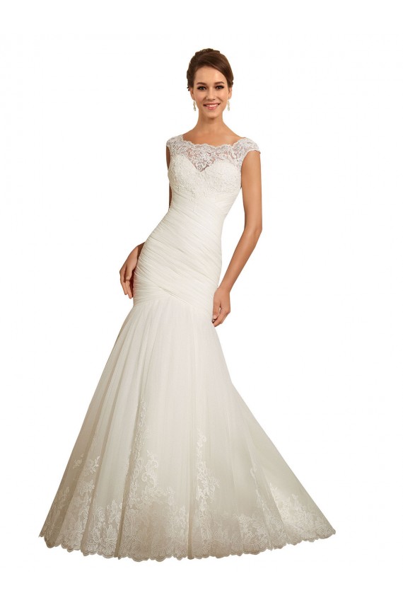 Compre Marfil Sirena Barco Cola capilla Tul Encaje Vestidos de novia