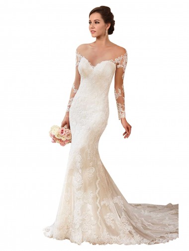 Compre Marfil Sirena Cuello de Corazón Cola capilla Encaje Vestidos de novia