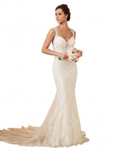 Compre Marfil Sirena Cuello de Corazón Cola capilla Encaje Vestidos de novia