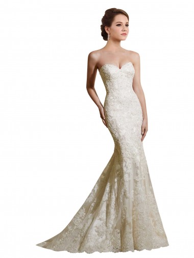 Compre Marfil Sirena Cuello de Corazón Cola capilla Satén Encaje Vestidos de novia