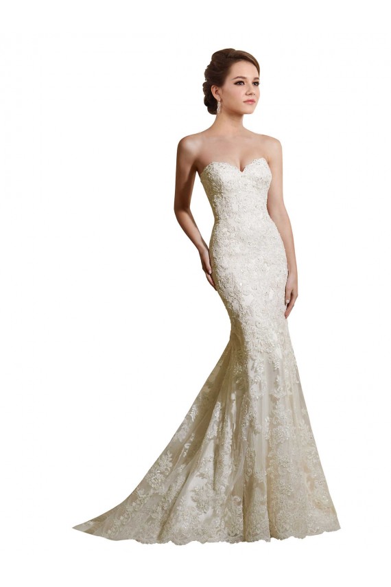 Compre Marfil Sirena Cuello de Corazón Cola capilla Satén Encaje Vestidos de novia