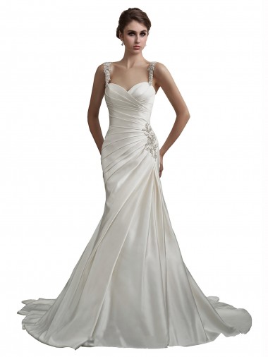 Compre Marfil Sirena Cuello de Corazón Cola capilla Satén Playa Vestidos de novia