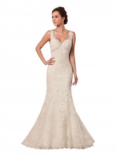 Compre Marfil Sirena Cuello de Corazón Cola capilla Tul Encaje Vestidos de novia