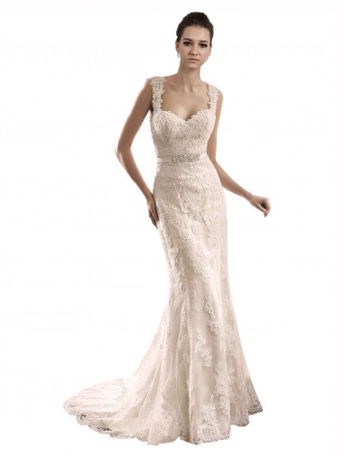 Compre Marfil Sirena Cuello de Corazón Cola capilla Tul Encaje Vestidos de novia