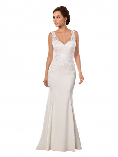 Compre Marfil Sirena Cuello en V Cola capilla Encaje Crepé Elástico Vestidos de novia