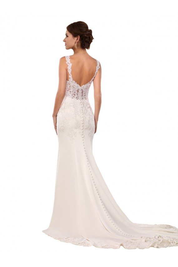 Compre Marfil Sirena Cuello en V Cola capilla Encaje Crepé Elástico Vestidos de novia