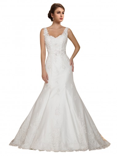 Compre Marfil Sirena Cuello en V Cola capilla Encaje Vestidos de novia