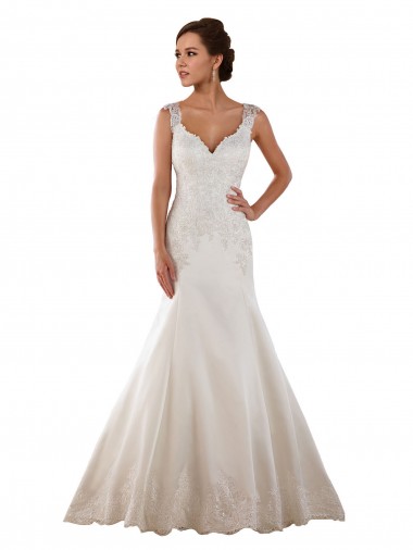 Compre Marfil Sirena Cuello en V Cola capilla Satén Clásico Vestidos de novia