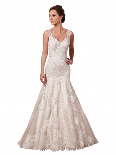 Compre Marfil Sirena Cuello en V Cola capilla Tul Encaje Vestidos de novia