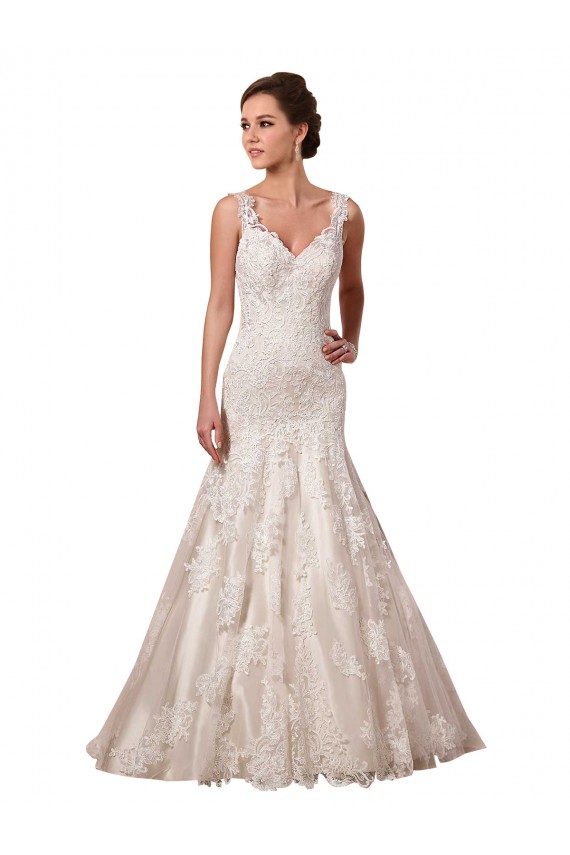 Compre Marfil Sirena Cuello en V Cola capilla Tul Encaje Vestidos de novia