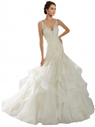 Compre Marfil Sirena Cuello en V Cola capilla Tul Vestidos de novia