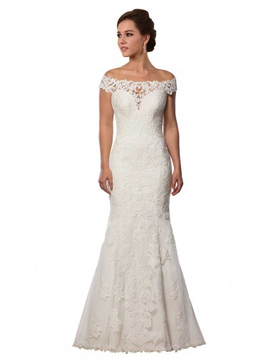 Compre Marfil Sirena Hombros Descubiertos Cola capilla Encaje Boho Vestidos de novia