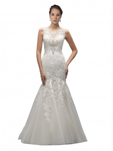 Compre Marfil Sirena Ilusión Barrer tren Tul Encaje Vestidos de novia